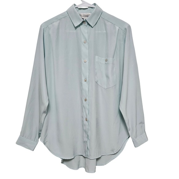 Liquid Silk Tops - Vintage Liquid Silk Mint Button Up Blouse Minimalist Soft Clean Workwear Size 10